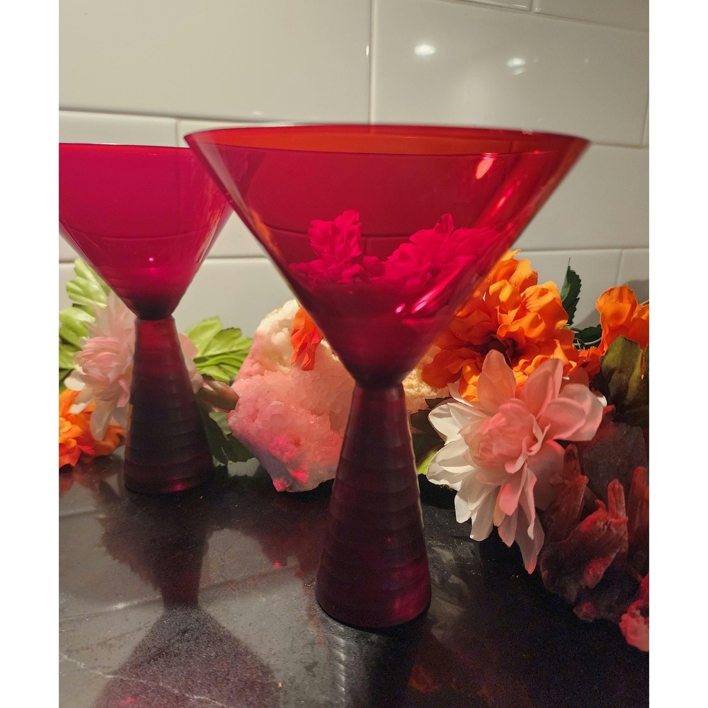 Vintage Mikasa Ruby Red Martini Glasses Set of 2 Ribbed Cone Stem Cranberry - Picture 4 of 6